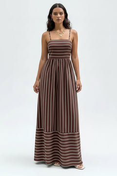 Brown striped maxi dress with spaghetti straps and vertical stripe print, gathered waist