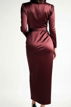 Burgundy satin tie-waist long-sleeve midi dress, back view