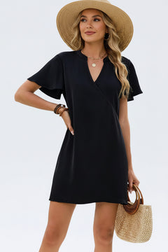 Black notched V-neck mini dress with flutter sleeves and side drape