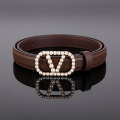 Dark brown leather belt with pearl-studded VA monogram buckle and wide strap