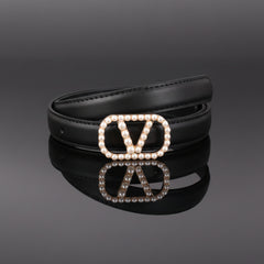Black leather belt with pearl-studded VA monogram buckle and stitched strap