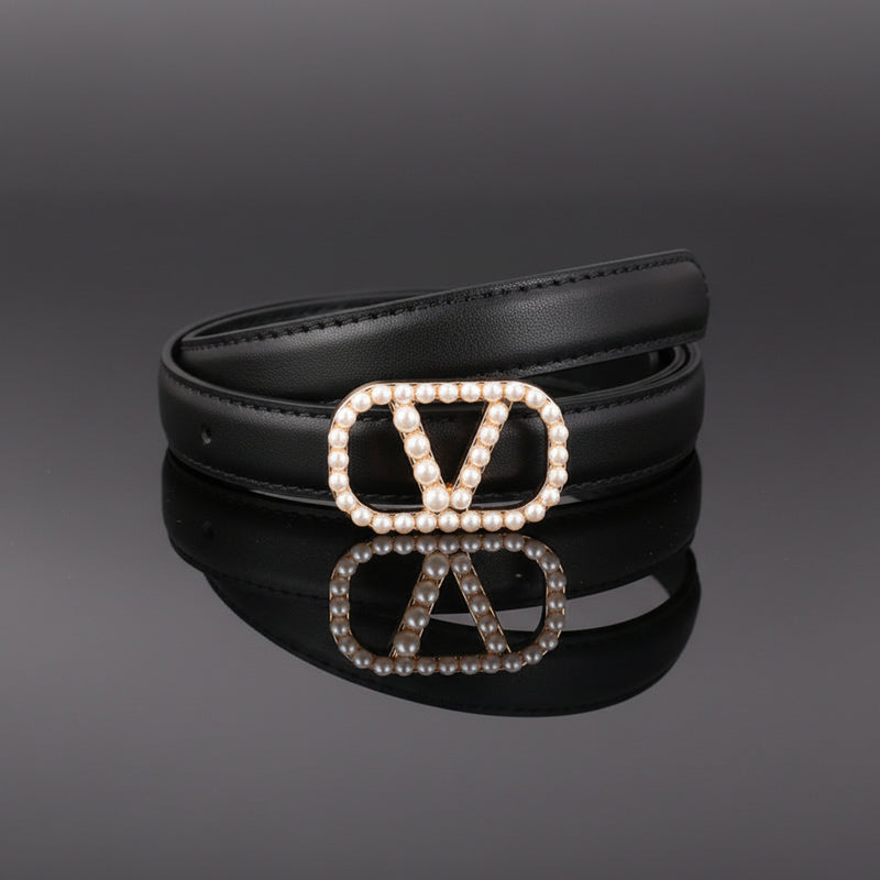 Black leather belt with pearl-studded VA monogram buckle and stitched strap