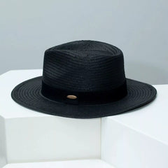 Black straw wide brim hat with ribbon band and oval buckle