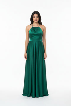 Dark green halter neck maxi dress with ruched halter neckline and full skirt