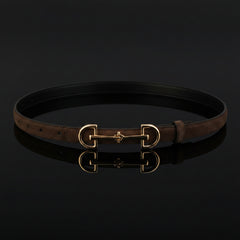 Leather double-bar belt in dark brown with gold-tone double buckle