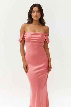 Watermelon pink off-shoulder satin maxi dress, smooth drape bodice and column hem