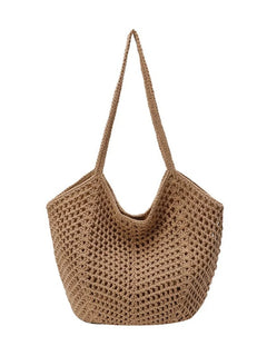 Woven straw hobo bag in khaki, close-up view of woven basket body and top handle opening