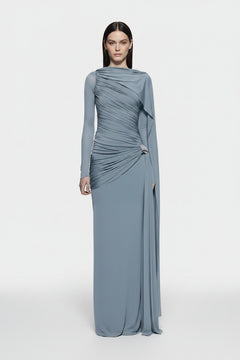 Blue ruched draped long-sleeve maxi dress with diagonal gathered detail