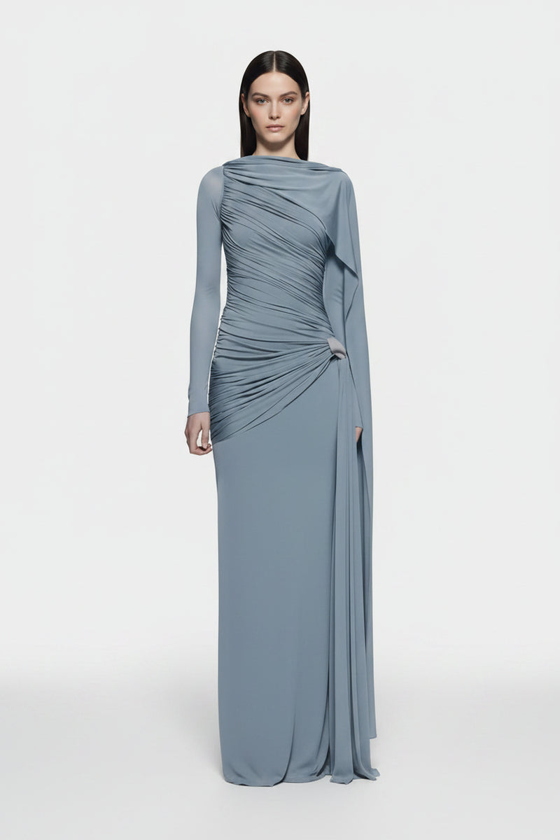 Blue ruched draped long-sleeve maxi dress with diagonal gathered detail