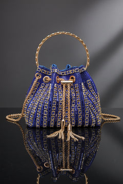 Rhinestone bucket crossbody bag in blue with gold-toned trim and chain straps