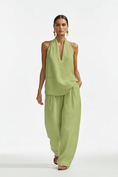 Light green halter neck top and wide-leg pants set with V-neck and relaxed fit
