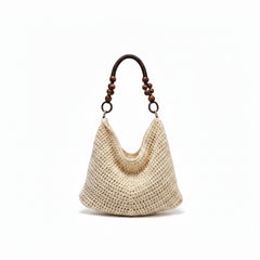 Beige crochet handbag with wooden handle 