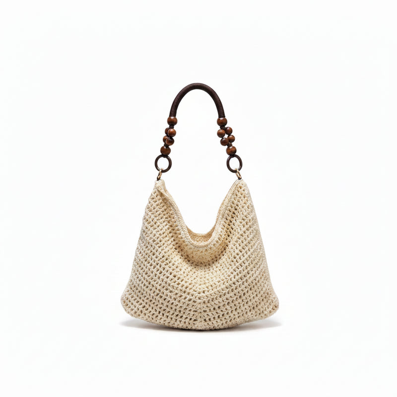 Beige crochet handbag with wooden handle 