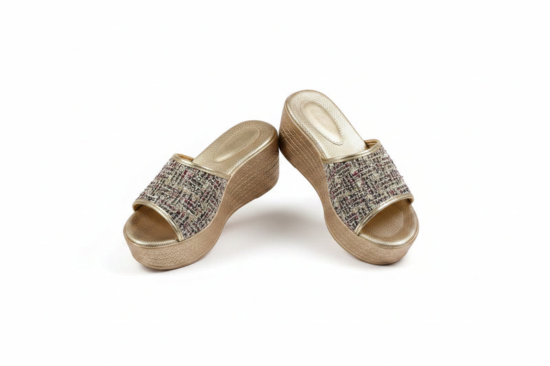 Gold-tone platform wedge sandals, open toe, wide strap, textured upper