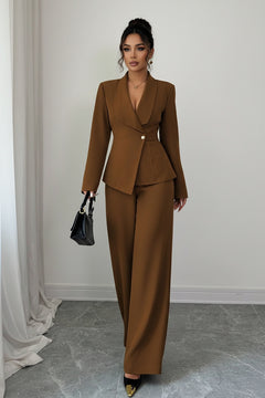 Brown one-button blazer and pants set with tailored blazer and wide-leg trousers, front view.