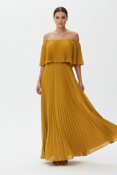 Ginger yellow off-shoulder pleated maxi dress with smocked bodice