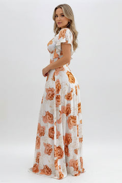 Floral print maxi dress with V-neck and ruffle sleeves, white with orange floral