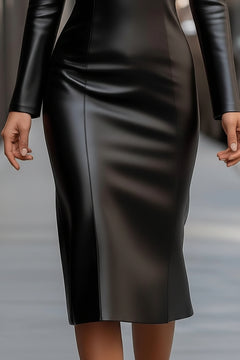 Black leather midi dress close-up of fitted skirt and center front seam