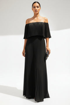 Black off-shoulder pleated maxi dress with layered ruffle neckline