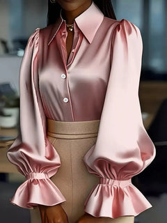 Pink satin button-up blouse with pointed collar and gathered flounce sleeves