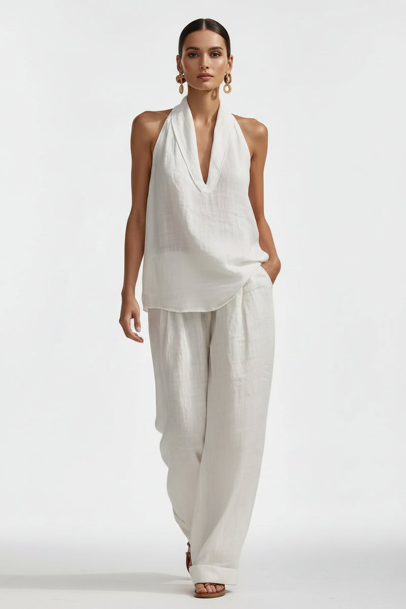 White halter neck top and wide-leg pants set, wrap-style V neckline