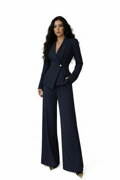 One-button blazer and wide-leg pants set in navy, with deep V neckline and smooth lapels.