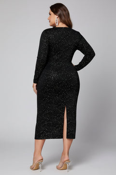 Black glitter plus-size dress with long sleeves, large back cutout, midi front slit