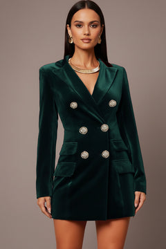 Dark green velvet double-breasted blazer dress with long sleeves and silver buttons