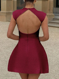 Wine red mini dress with open cutout back and cap sleeves