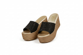 Black leopard platform wedge sandals with open toe and textured platform