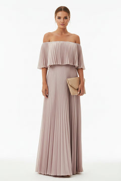 Lotus root off-shoulder pleated maxi dress with gathered shoulder ruffle