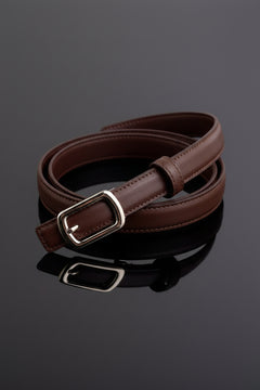 Leather skinny belt with buckle, dark brown leather strap with silver rectangular buckle