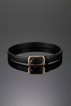 Leather skinny belt with buckle, black leather with gold-toned rectangular buckle