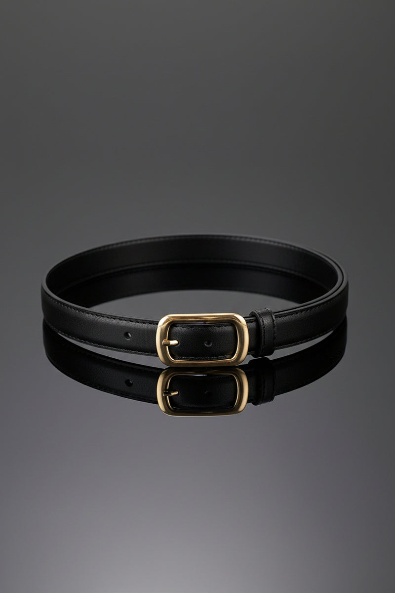 Leather skinny belt with buckle, black leather with gold-toned rectangular buckle