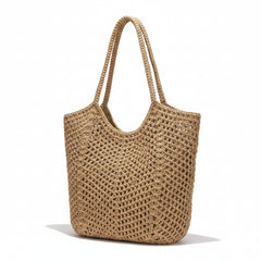 Woven straw hobo bag in khaki, mesh woven texture with open top and tall handles