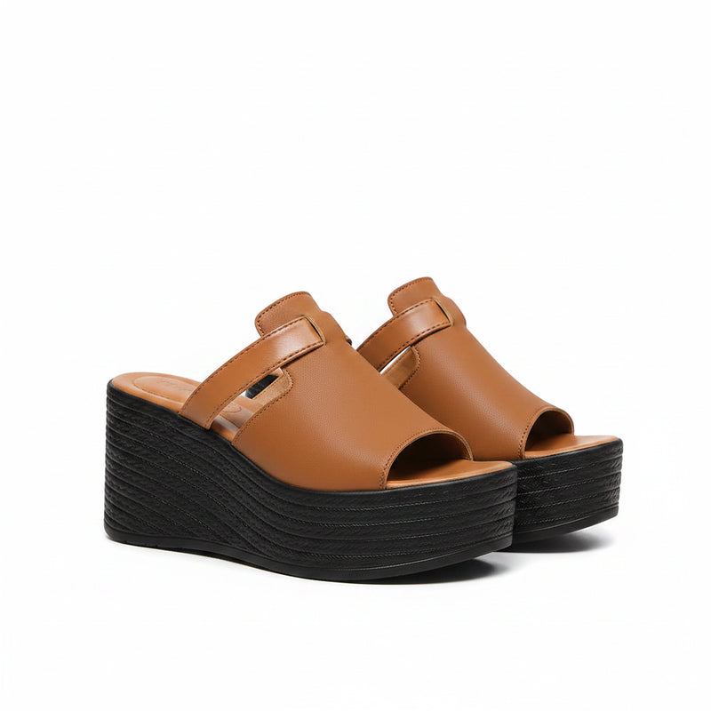 Light brown vegan wedge sandals, open toe with two wide straps and platform heel