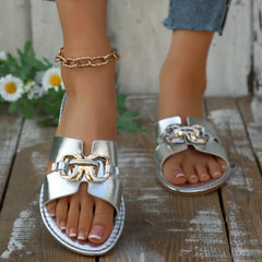 Silver metallic buckle decor open toe sandals with front chain buckle hardware