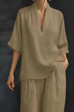 Khaki half-sleeve V-neck top and wide-leg pants set with relaxed, airy silhouette