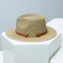 Straw fedora hat with decorative tan/brown band and metal chain detail