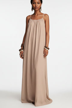 Khaki spaghetti-strap maxi dress with gathered neckline and draped, flowy fabric