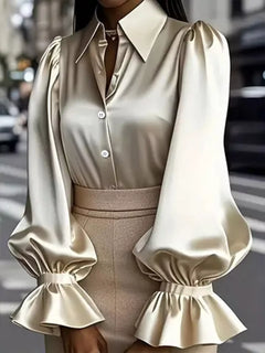 Apricot satin button-up blouse with pointed collar and ruched flounce cuffs