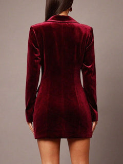 Back view of wine red velvet double-breasted blazer dress with seam detailing