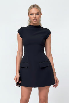 Mock neck A-line mini dress in dark navy/black with short sleeves and front patch pockets