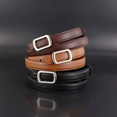 Leather skinny belt with buckle, brown and black leather straps with silver rectangular buckles
