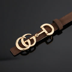 Brown leather double-bar belt with gold-tone double buckle close-up