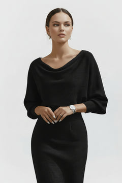 Black cowl-neck knit bodycon midi dress with draped neckline and batwing sleeves