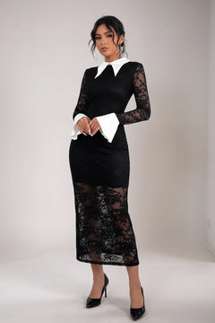 Black lace midi dress with white collar and cuffed long sleeves, fitted with lace hem