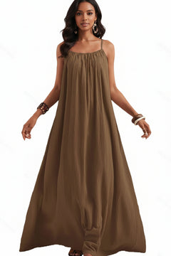 Brown spaghetti-strap flowy maxi dress with gathered neckline and pleated skirt