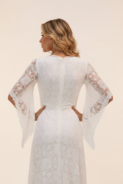White lace floor-length dress, V-neck back, short lace sleeves
