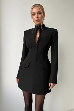 Black button-down blazer dress with flap pockets and long sleeves, mini length